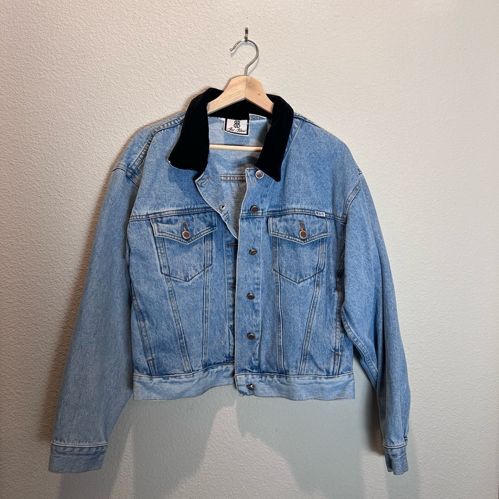 Bill Blass Bomber Jacket Blue Denim Jean Jacket with Black Collar